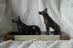 Stunning Art Deco Pair Of Signed German Shepherd Dogs On Marble Plinth