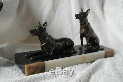 Stunning Art Deco Pair Of Signed German Shepherd Dogs On Marble Plinth