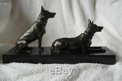 Stunning Art Deco Pair Of Signed German Shepherd Dogs On Marble Plinth