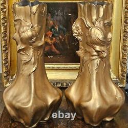 Stunning Large (43cm) c1900 Pair of Bronzed Art Nouveau Vases, Signed Flora
