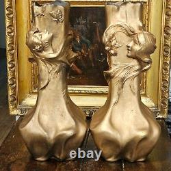 Stunning Large (43cm) c1900 Pair of Bronzed Art Nouveau Vases, Signed Flora