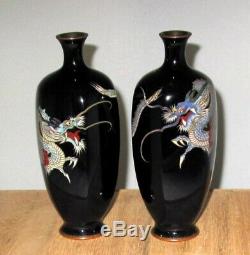 Superb Meiji Japanese Hexagonal Cloisonne Pair Vases with Swirling Dragons- Signed