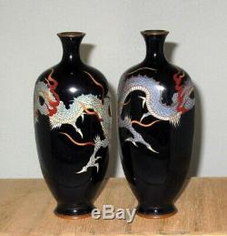 Superb Meiji Japanese Hexagonal Cloisonne Pair Vases with Swirling Dragons- Signed