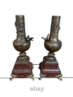 Superb Pair Antique Bird, Oil Lamp Bronze & Marble Vases Signed Aug. Moreau