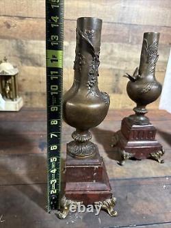 Superb Pair Antique Bird, Oil Lamp Bronze & Marble Vases Signed Aug. Moreau