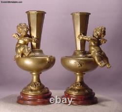 Superb Pair Antique Cherub Bronze & Marble Vases Signed Aug. Moreau