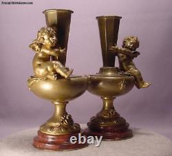 Superb Pair Antique Cherub Bronze & Marble Vases Signed Aug. Moreau