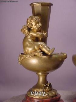 Superb Pair Antique Cherub Bronze & Marble Vases Signed Aug. Moreau