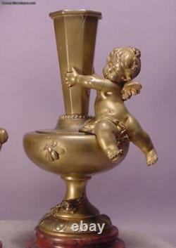 Superb Pair Antique Cherub Bronze & Marble Vases Signed Aug. Moreau