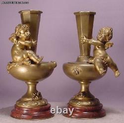 Superb Pair Antique Cherub Bronze & Marble Vases Signed Aug. Moreau