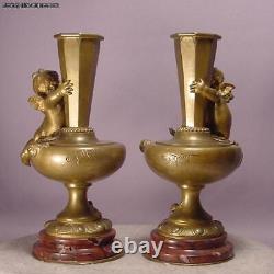 Superb Pair Antique Cherub Bronze & Marble Vases Signed Aug. Moreau