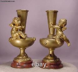 Superb Pair Antique Cherub Bronze & Marble Vases Signed Aug. Moreau