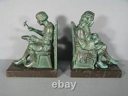 The Cobbler And The Exchange Pair Of Bookends Antique Signed Max Le Glass