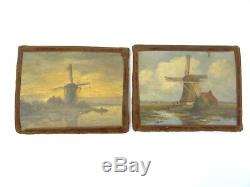 Two Antique Windmill Dutch Oil Paintings Pair Small on Board Art Signed