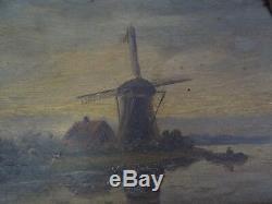 Two Antique Windmill Dutch Oil Paintings Pair Small on Board Art Signed