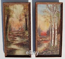 Two Pair of Antique Signed Framed Landscapes Original Oil Paintings on Canvas