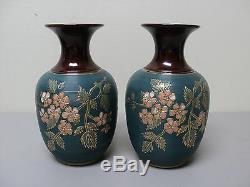 UNUSUAL PAIR ANTIQUE ENGLISH LANGLEY MILLS POTTERY STONEWARE VASES, signed
