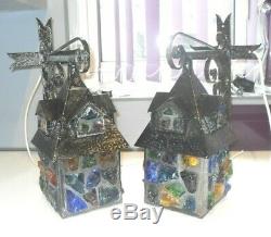 VINTAGE 1950s PAIR SIGNED PETER MARSH PORCH LIGHTS LANTERNS CRUCFIX BRACKETS