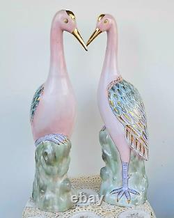 VINTAGE EXPORT PAIR CHINESE PORCELAIN FIGURINES CRANES Family Rose Rar