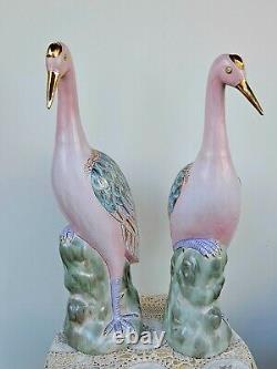 VINTAGE EXPORT PAIR CHINESE PORCELAIN FIGURINES CRANES Family Rose Rar