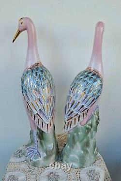 VINTAGE EXPORT PAIR CHINESE PORCELAIN FIGURINES CRANES Family Rose Rar