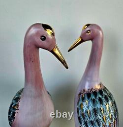 VINTAGE EXPORT PAIR CHINESE PORCELAIN FIGURINES CRANES Family Rose Rar