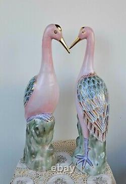 VINTAGE EXPORT PAIR CHINESE PORCELAIN FIGURINES CRANES Family Rose Rar