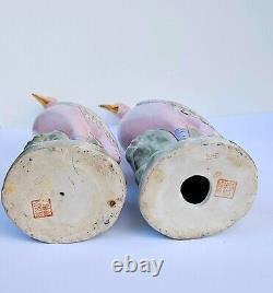 VINTAGE EXPORT PAIR CHINESE PORCELAIN FIGURINES CRANES Family Rose Rar