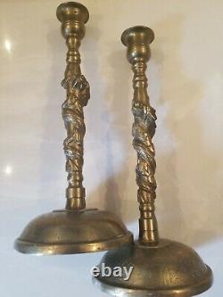 VTG 1920s CHINESE ARTIST SIGNED SCULPTED CLIMBING DRAGON 10 BRASS CANDLESTICKS