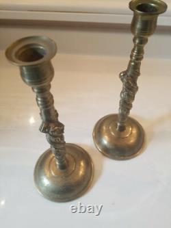 VTG 1920s CHINESE ARTIST SIGNED SCULPTED CLIMBING DRAGON 10 BRASS CANDLESTICKS