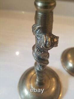 VTG 1920s CHINESE ARTIST SIGNED SCULPTED CLIMBING DRAGON 10 BRASS CANDLESTICKS