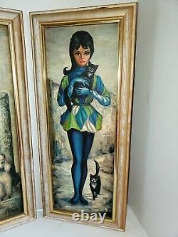 VTG MAIO Big Eyes Pair of Harlequin Jester Girls with Cat and Dog Framed Prints