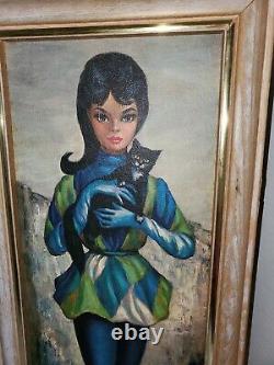 VTG MAIO Big Eyes Pair of Harlequin Jester Girls with Cat and Dog Framed Prints