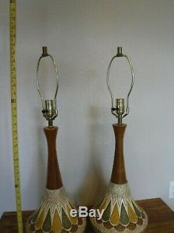 VTG Mid Century or Danish Modern Lamp PAIR Signed E. Bertolozzi Ceramic and Wood