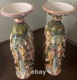 VTG Pair CAPODIMONTE VASE URN NUDE CHERUB HAND PAINTED SIGN ITALY Number Relief
