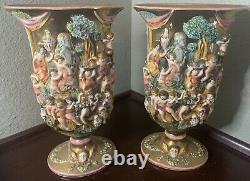 VTG Pair CAPODIMONTE VASE URN NUDE CHERUB HAND PAINTED SIGN ITALY Number Relief