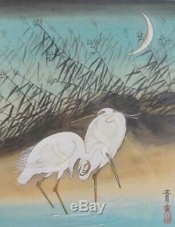 Very Fine Korean Hand Painting Pair of White Herons Signed & Framed