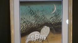Very Fine Korean Hand Painting Pair of White Herons Signed & Framed