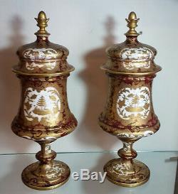 Very Fine Royal Vienna Artist Signed Pair Covered Lidded Urns Vases Circa 1830