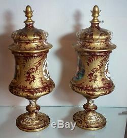 Very Fine Royal Vienna Artist Signed Pair Covered Lidded Urns Vases Circa 1830