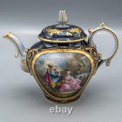 Vincennes Sevres France Courting Couple Teapot Cobalt Blue Gold Antique Signed