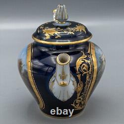 Vincennes Sevres France Courting Couple Teapot Cobalt Blue Gold Antique Signed