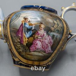 Vincennes Sevres France Courting Couple Teapot Cobalt Blue Gold Antique Signed