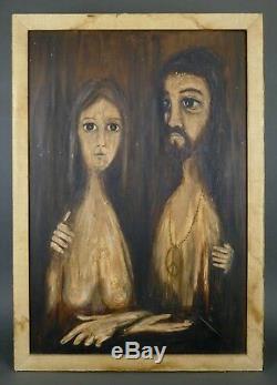 Vintage 1970 MANNY Hippie Couple Oil Painting Big Eyes Nude Figure Brown Peace