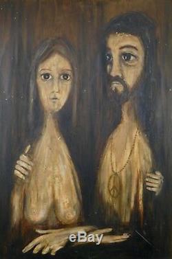 Vintage 1970 MANNY Hippie Couple Oil Painting Big Eyes Nude Figure Brown Peace