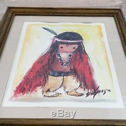 Vintage 1970s Degrazia Art Painting Signed Native American Child Framed PAIR