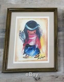Vintage 1970s Degrazia Art Painting Signed Native American Child Framed PAIR