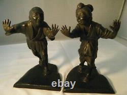 Vintage Antique Japanese Couple in Traditional Dress signed Bronze Bookends