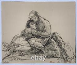 Vintage Antique Master Drawing Signed Illegible Lovers Embrace Man Woman Couple