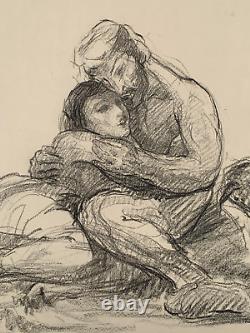 Vintage Antique Master Drawing Signed Illegible Lovers Embrace Man Woman Couple